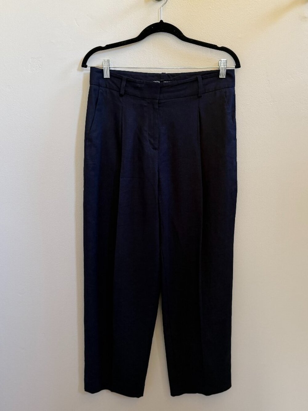 Zara Navy Linen Blend Pleated Wide Leg Trousers